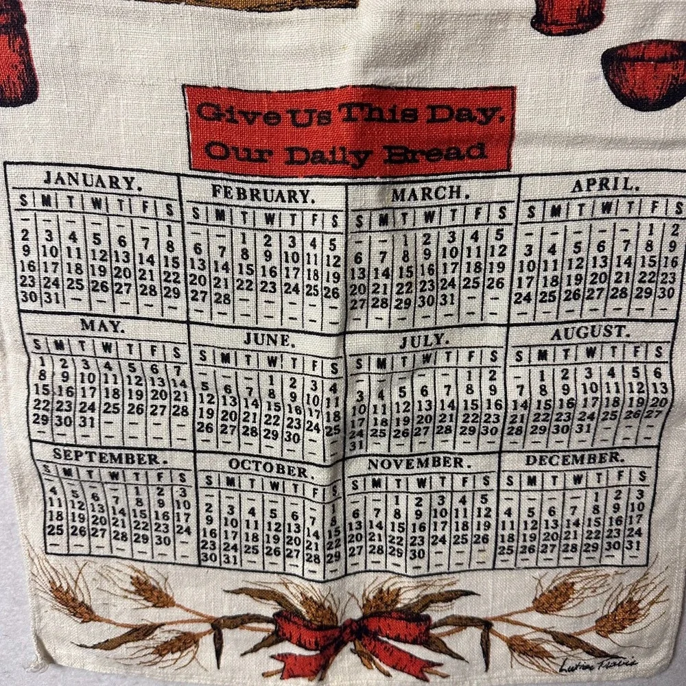 Vintage 1966 Linen Calendar Tea Towel Lutice Travis Give Us This Day Our Bread